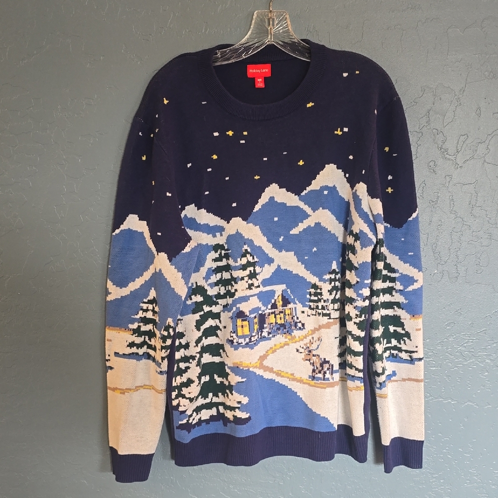 Holiday Time Navy and Blue Winter Scene Sweater